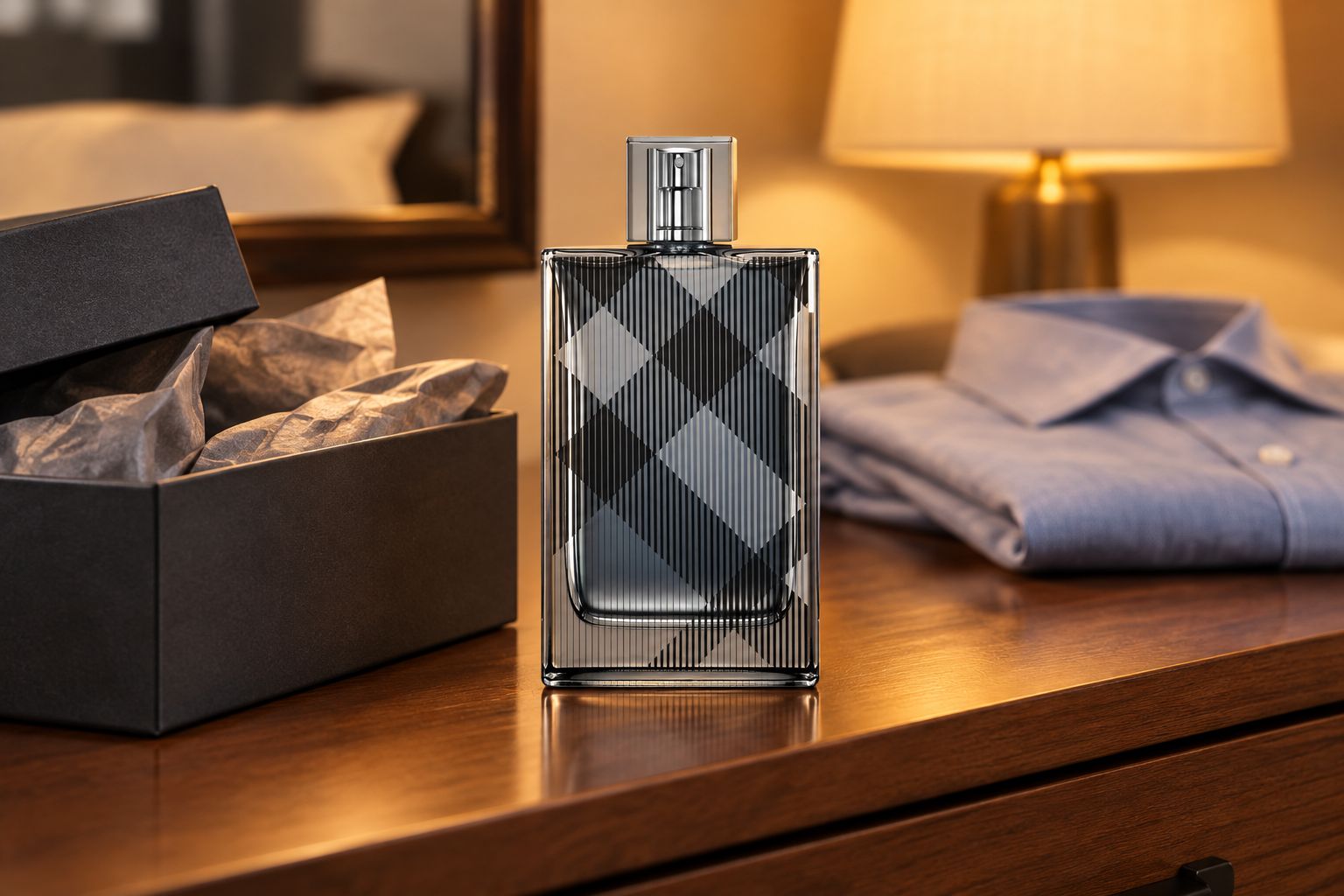 Burberry Brit cologne gift bottle staged on a dresser as a wrapped gift