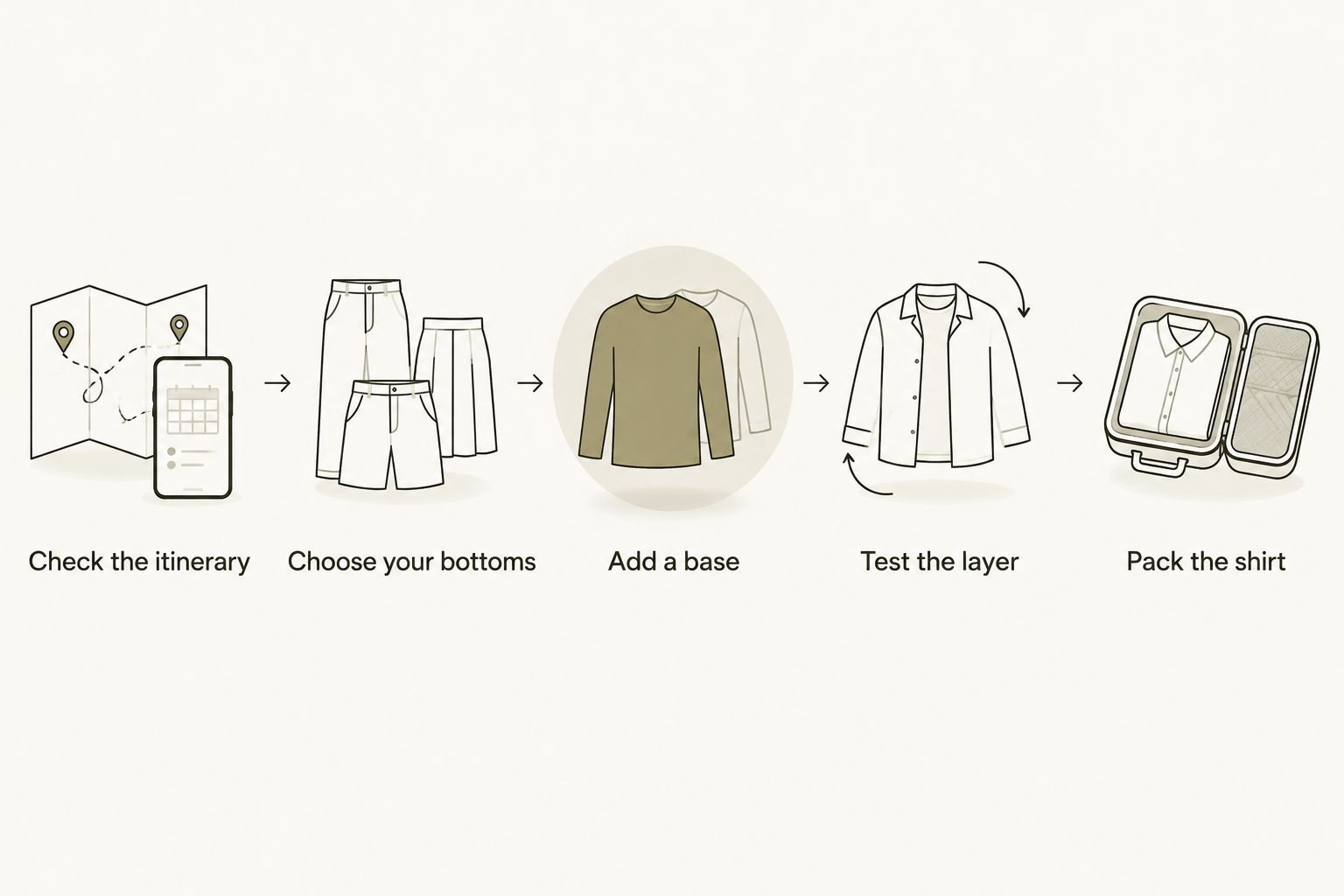 A packing sequence from checking weekend plans to folding the shirt