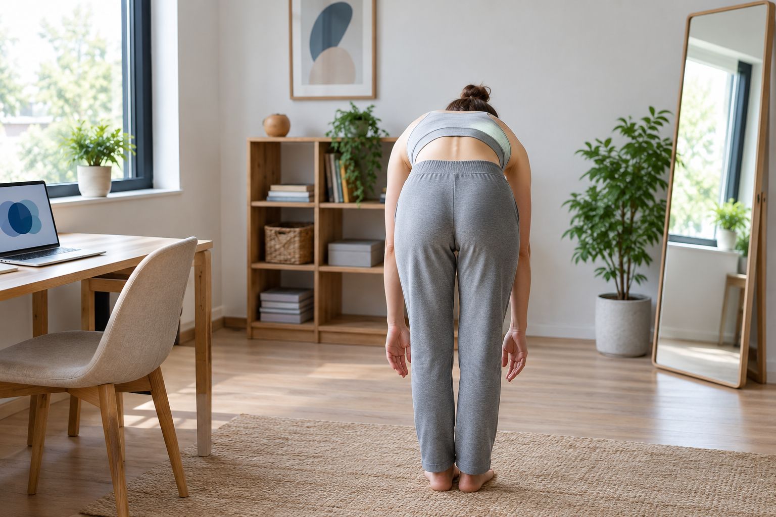 Person bending forward at the waist demonstrating the forward bend spinal check position