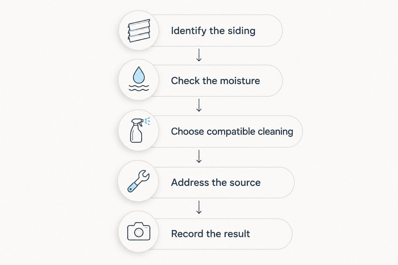 Siding maintenance sequence from identifying the material to recording the cleaning result