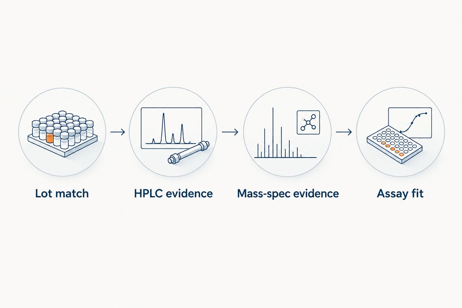 Four document-review steps connecting lot traceability, analytical evidence and experimental fit