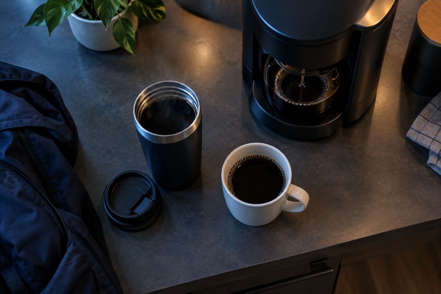 A travel mug, lid, cup, and coffee brewer arranged for preparation before work