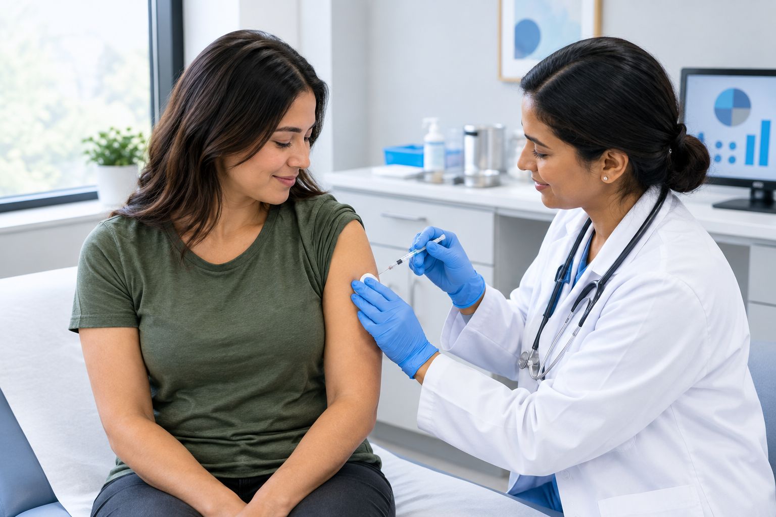 Clinician administering a vaccine to a patient during a medical exam
