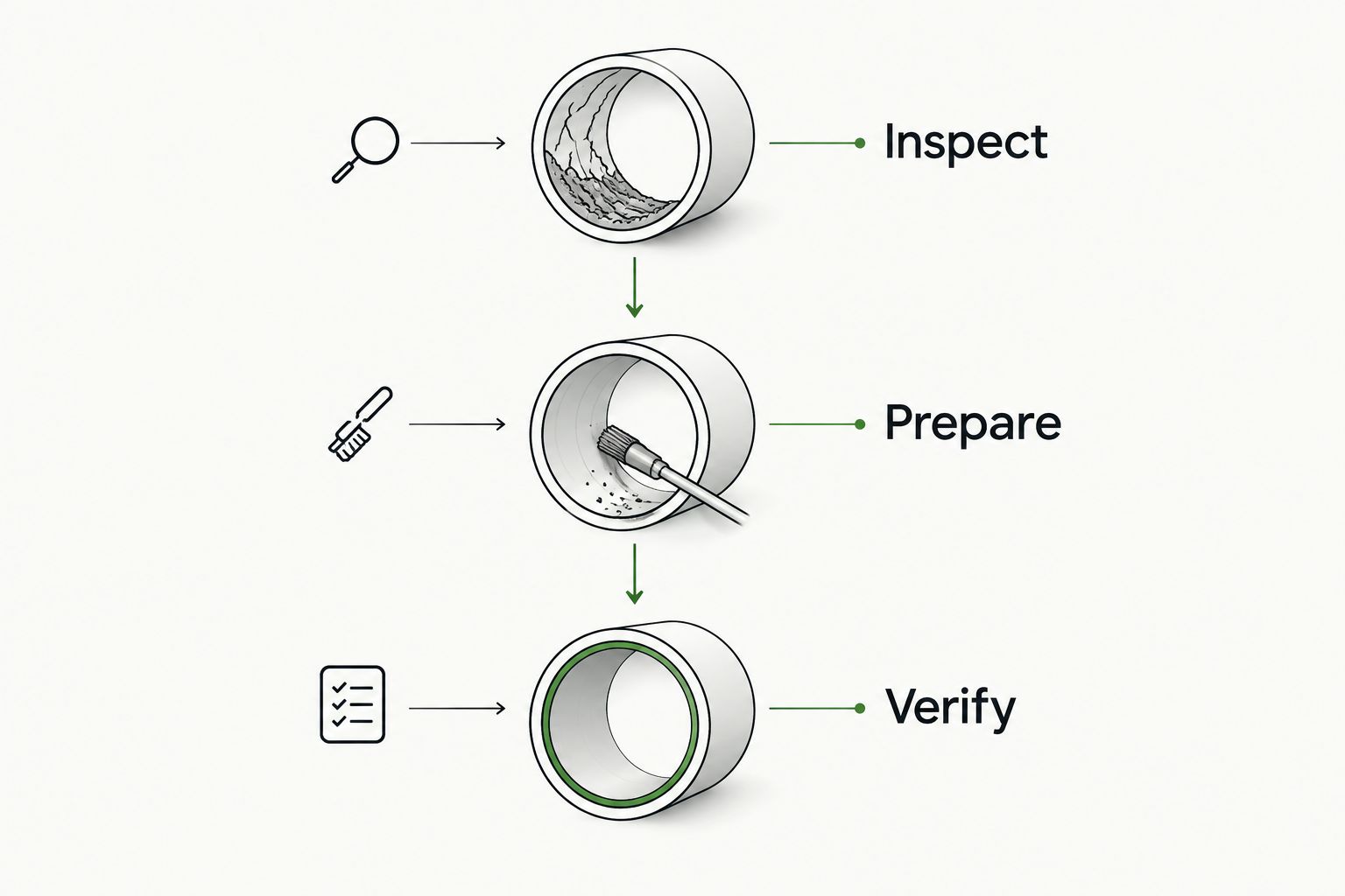 No dig sewer repair assessment, preparation, and verification phases
