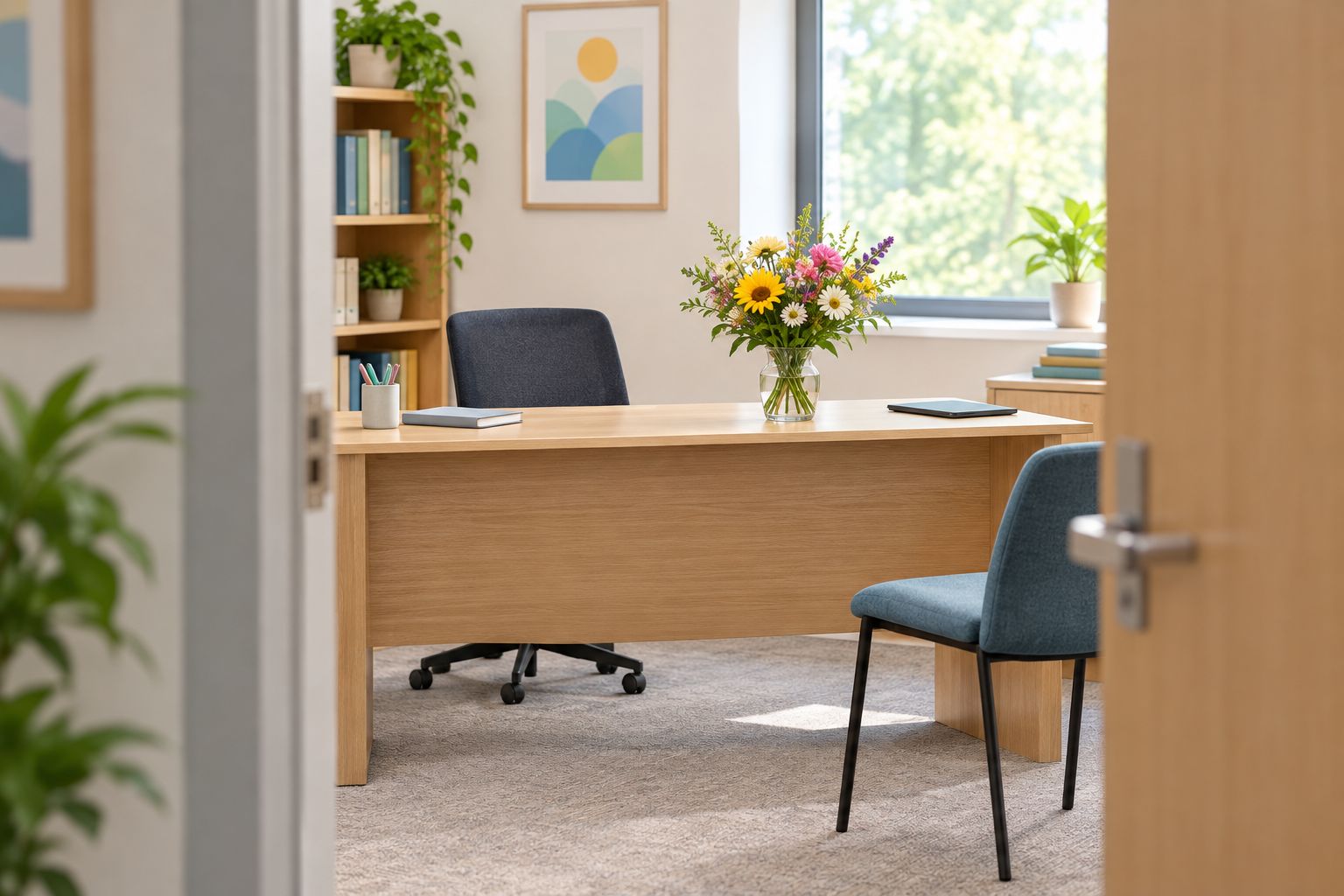 Fresh flowers set back from the edge of a clear desk in an adult-only school office
