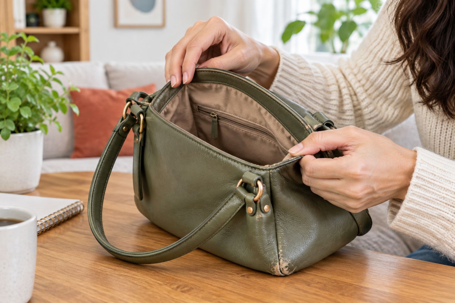 Hands inspecting a handbag's lining, lower corner, and handle attachment