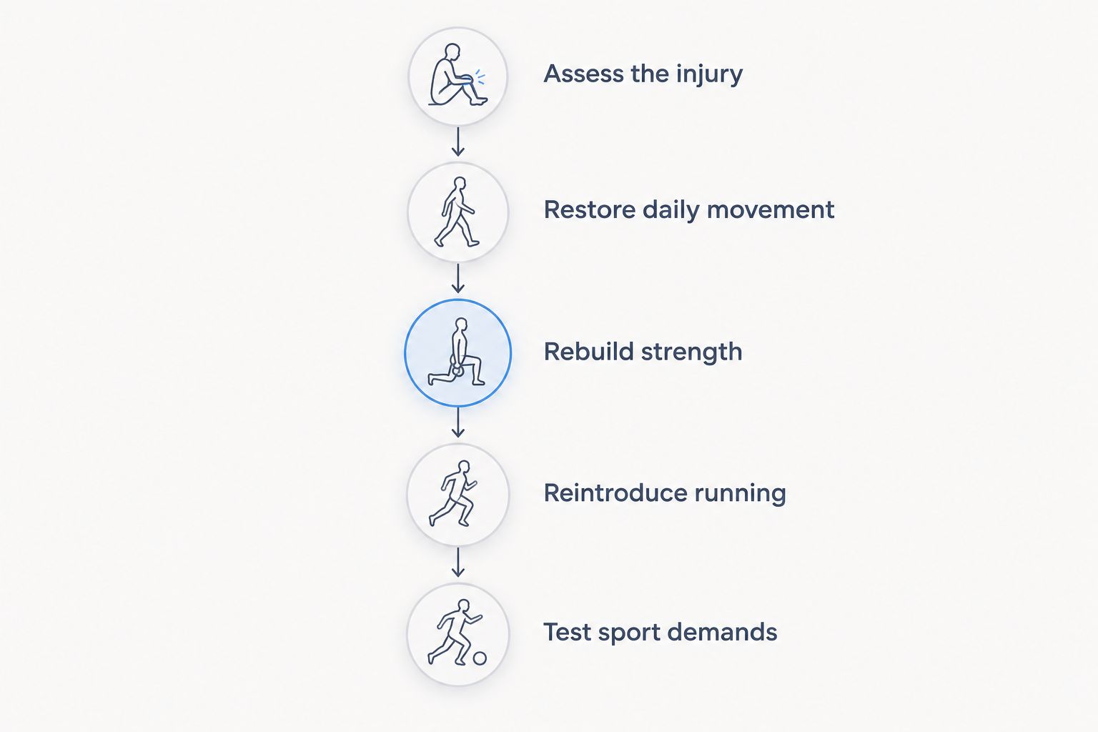 Rehabilitation stages from injury assessment through strength, running, and sport-specific testing.