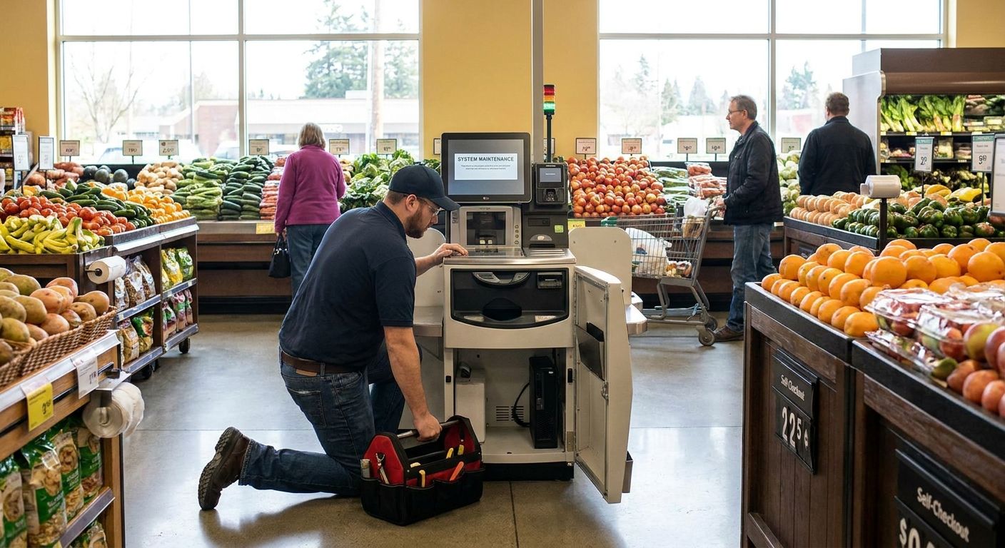 Kiosk maintenance and uptime support plans for grocery self-checkout