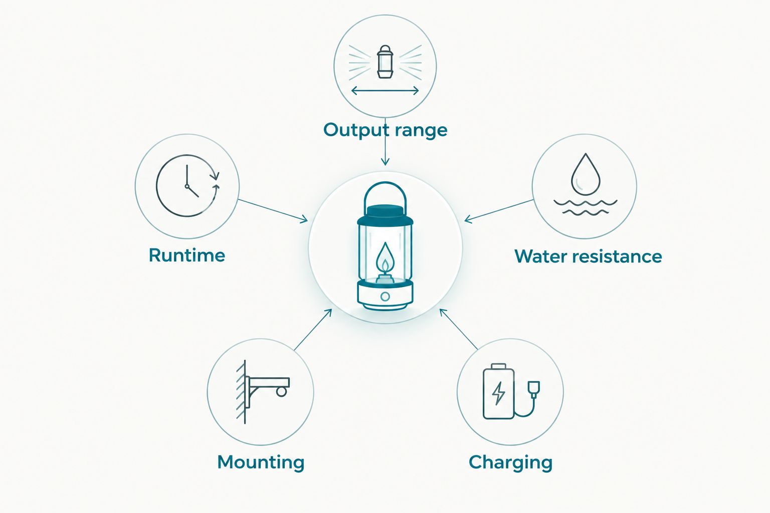 Five lantern buying criteria around a central lantern icon