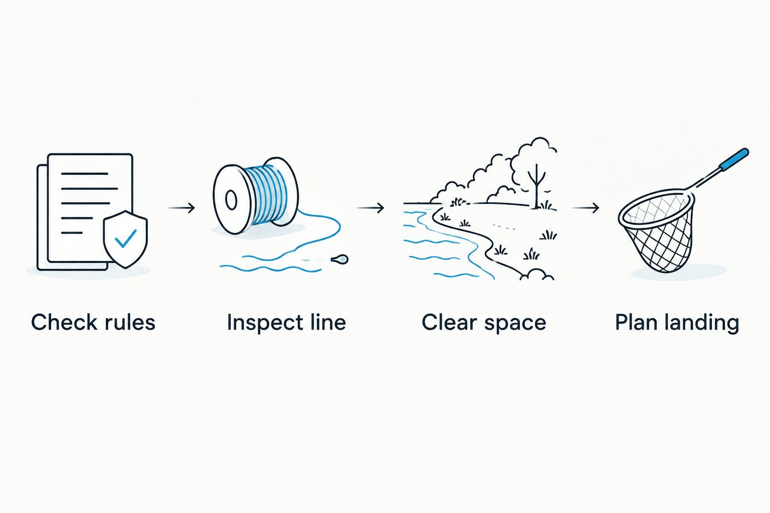 Four preparation steps: check rules, inspect line, clear space, and plan landing