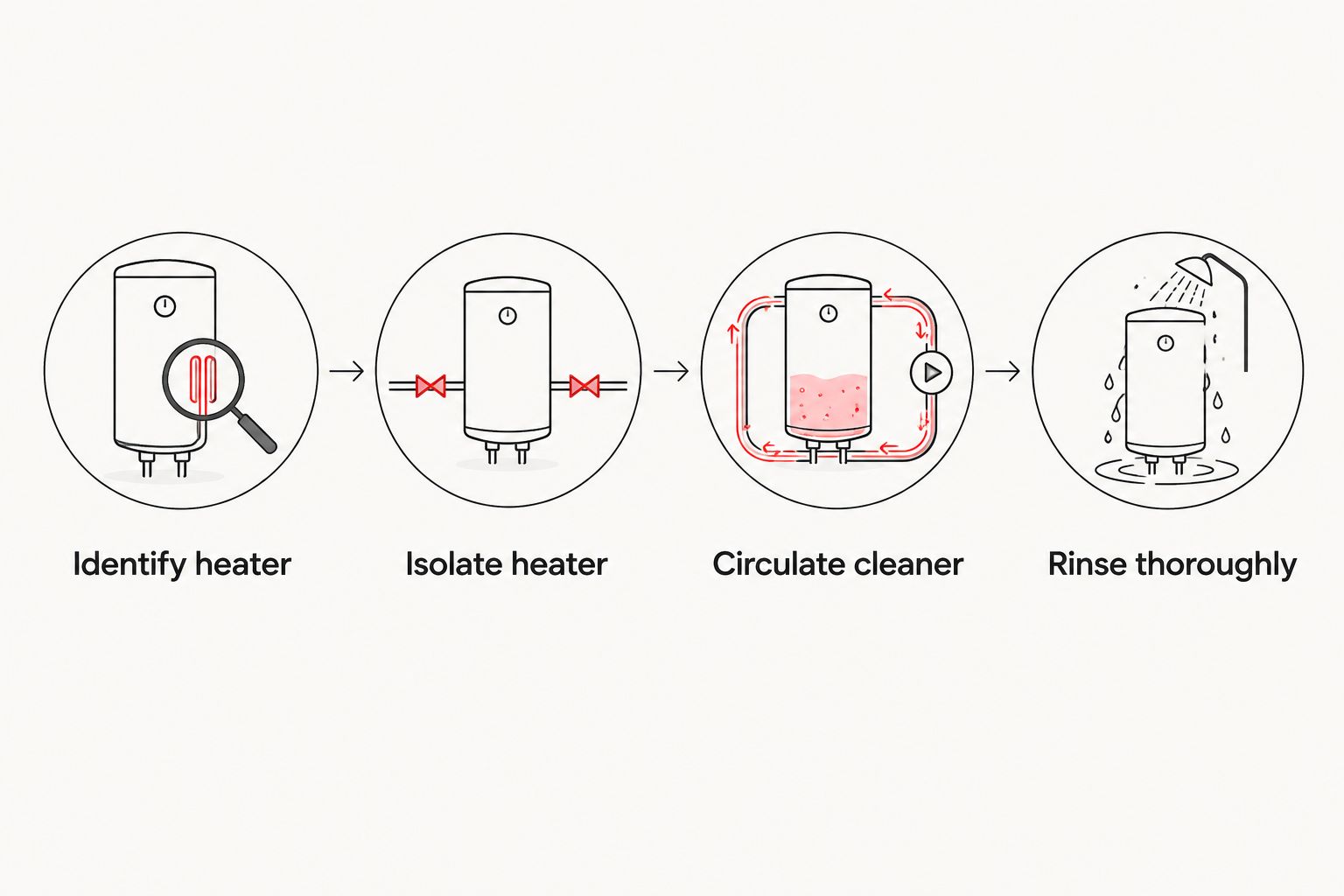 Maintenance sequence from heater identification through isolation, cleaner circulation, and thorough rinsing