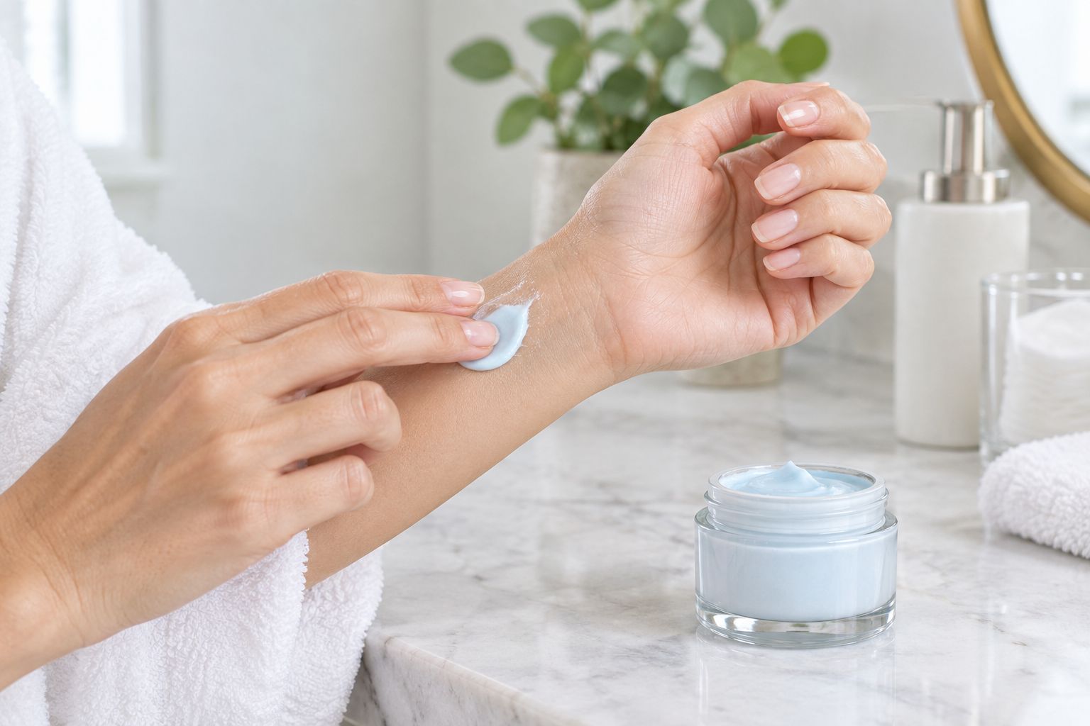 Applying a peptide cream to the wrist for a patch test