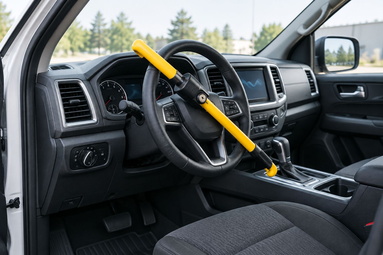 Generic steering wheel lock fitted across a parked work truck steering wheel