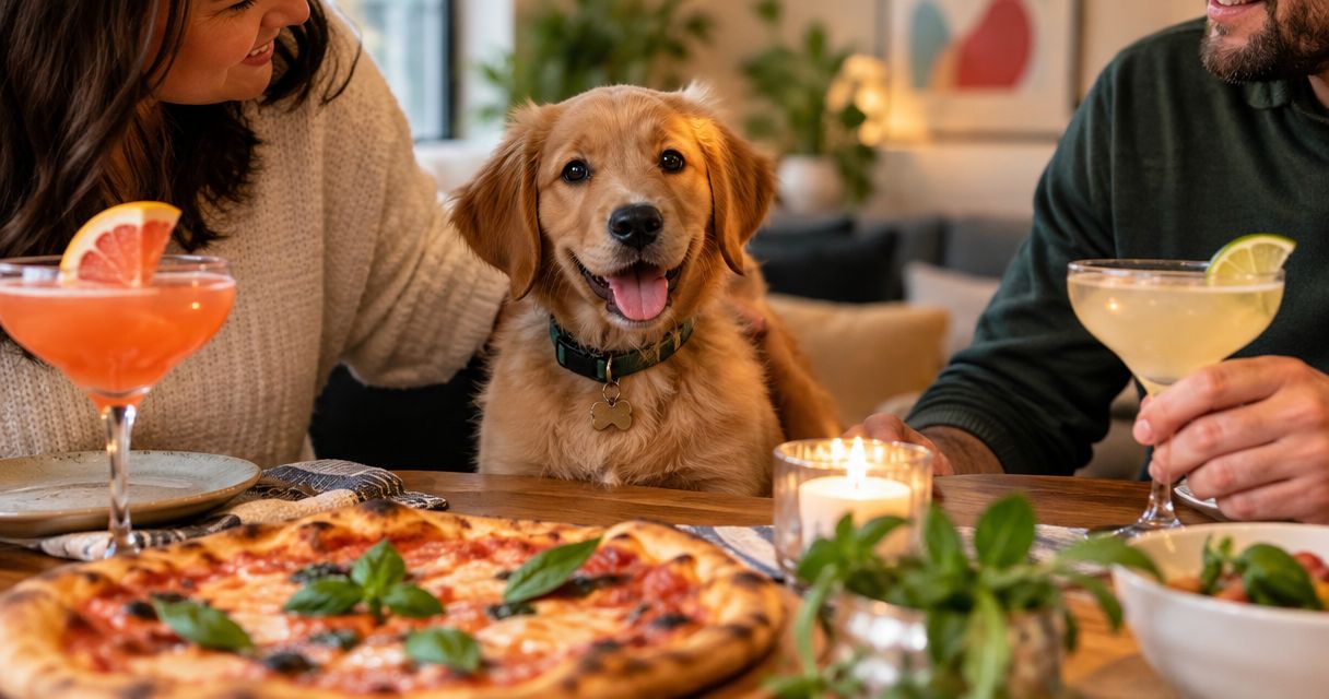 Pizza and cocktails for celebrating a puppy adoption