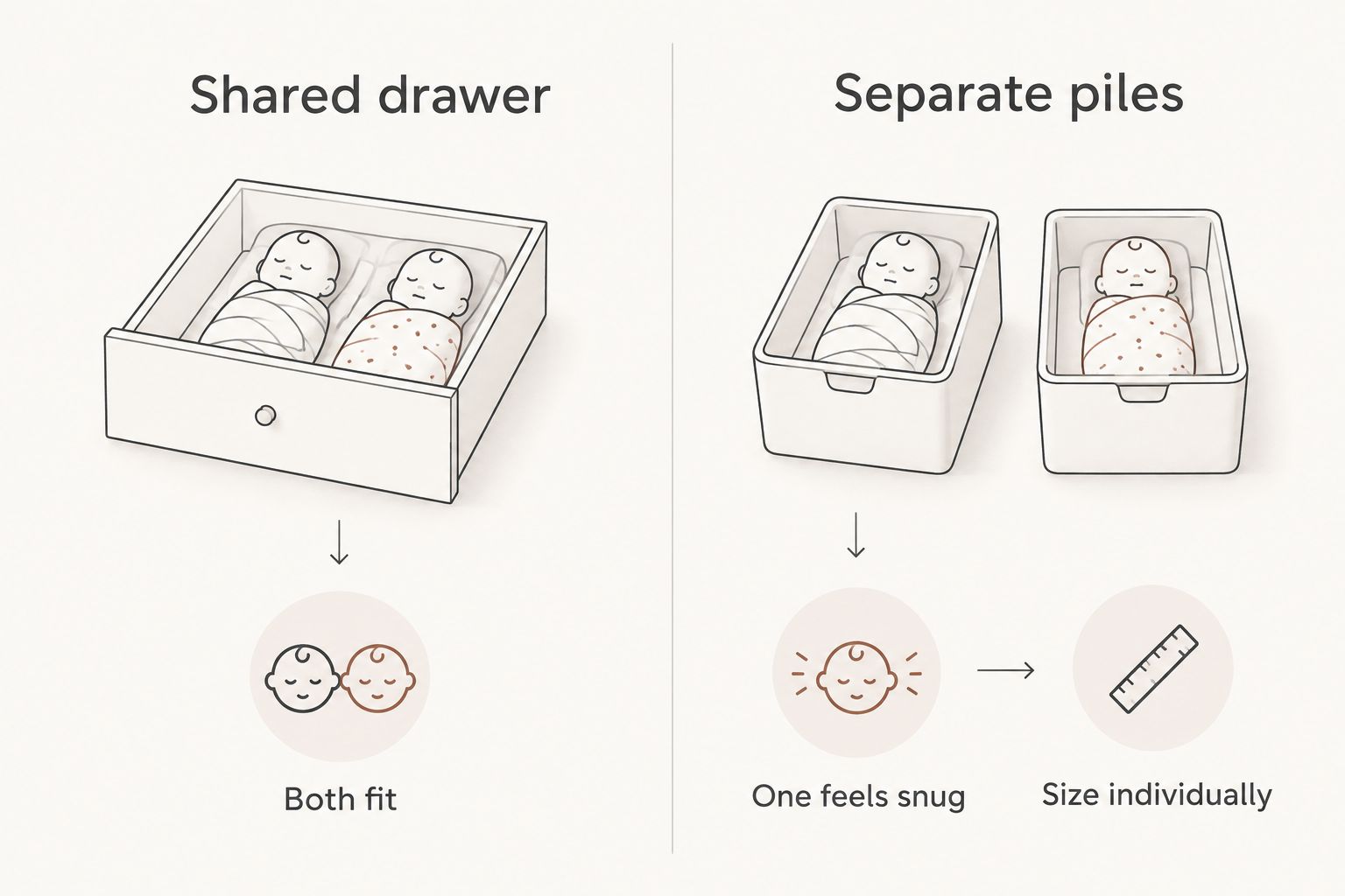 Shared drawer and separate piles compared using fit checks for each twin