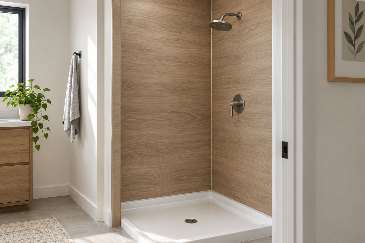 Wood-look shower wall finish with clean corners and a white shower base