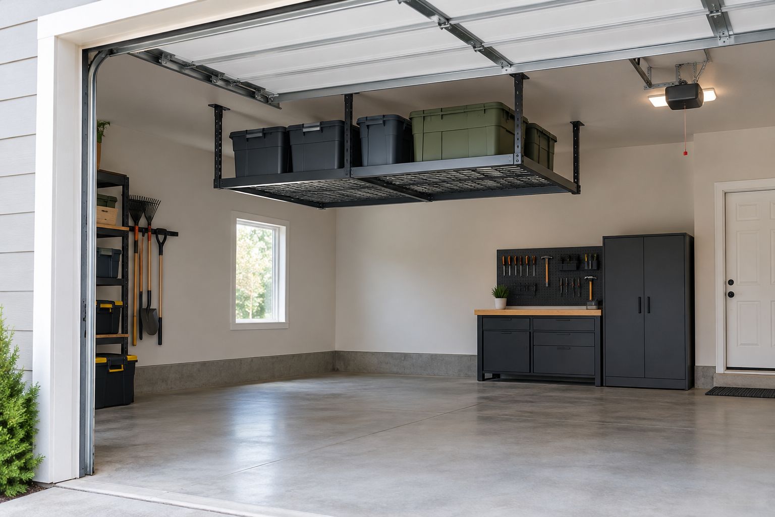 Overhead garage storage positioned away from garage door tracks with clear floor space below