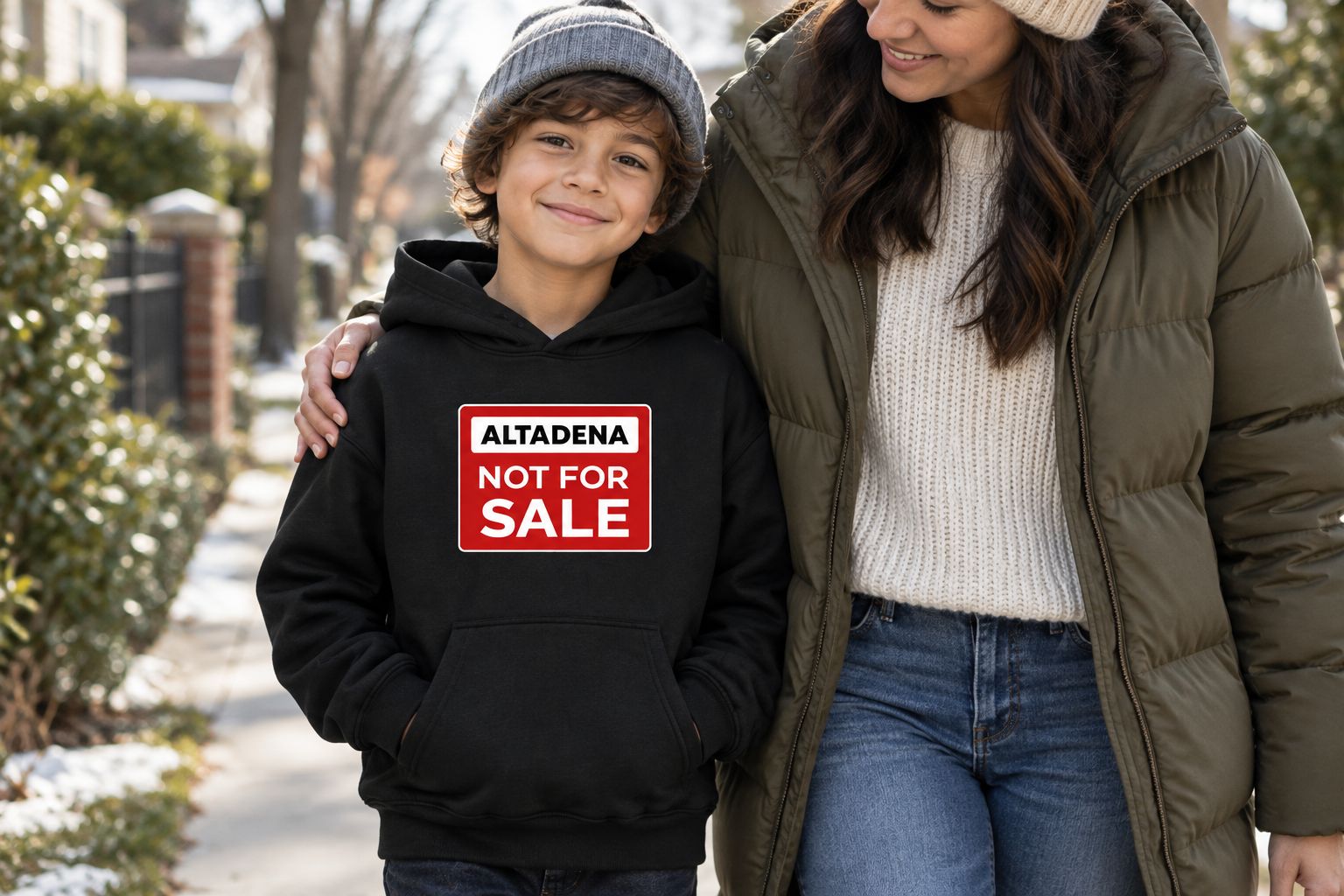 A child wearing the Altadena Not for Sale kids' hoodie outdoors