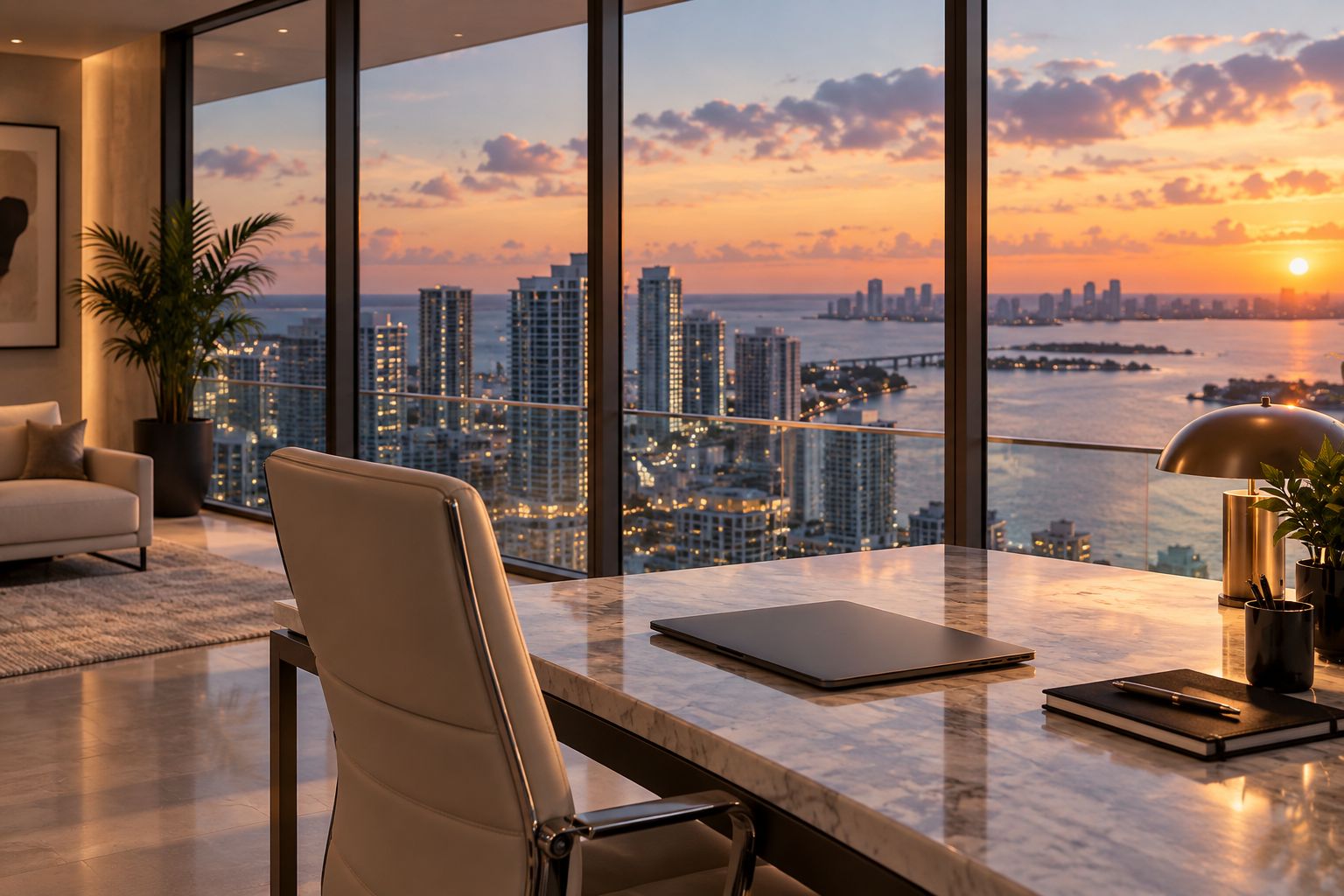 Condo home office with floor-to-ceiling windows overlooking a city skyline