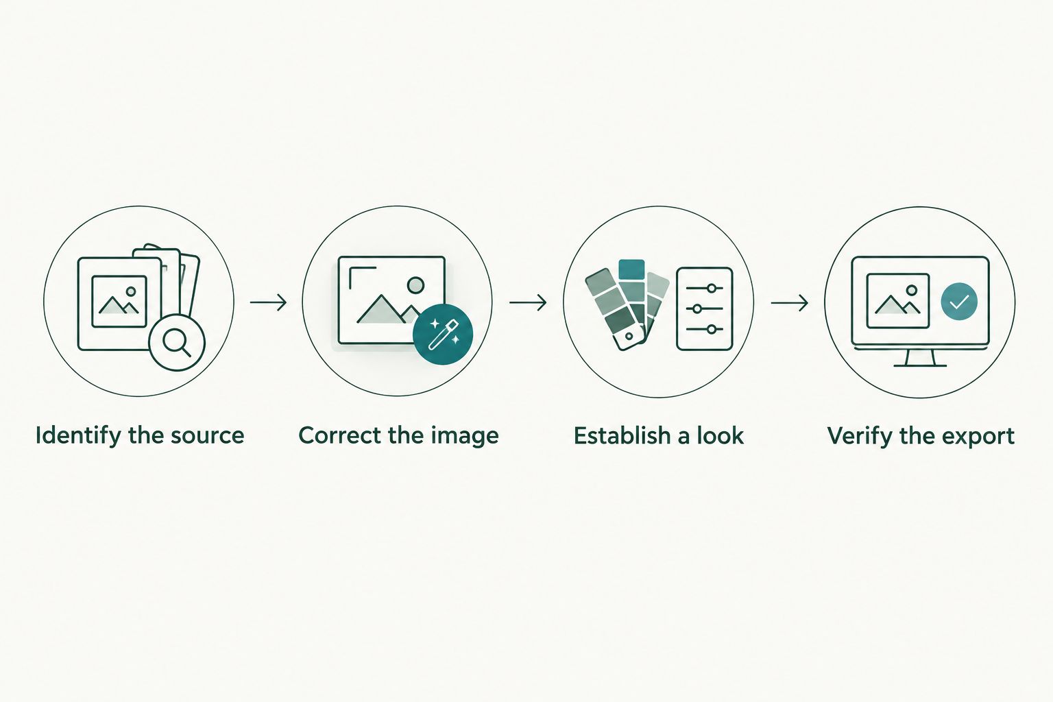 Four stages from identifying source footage to verifying the graded export