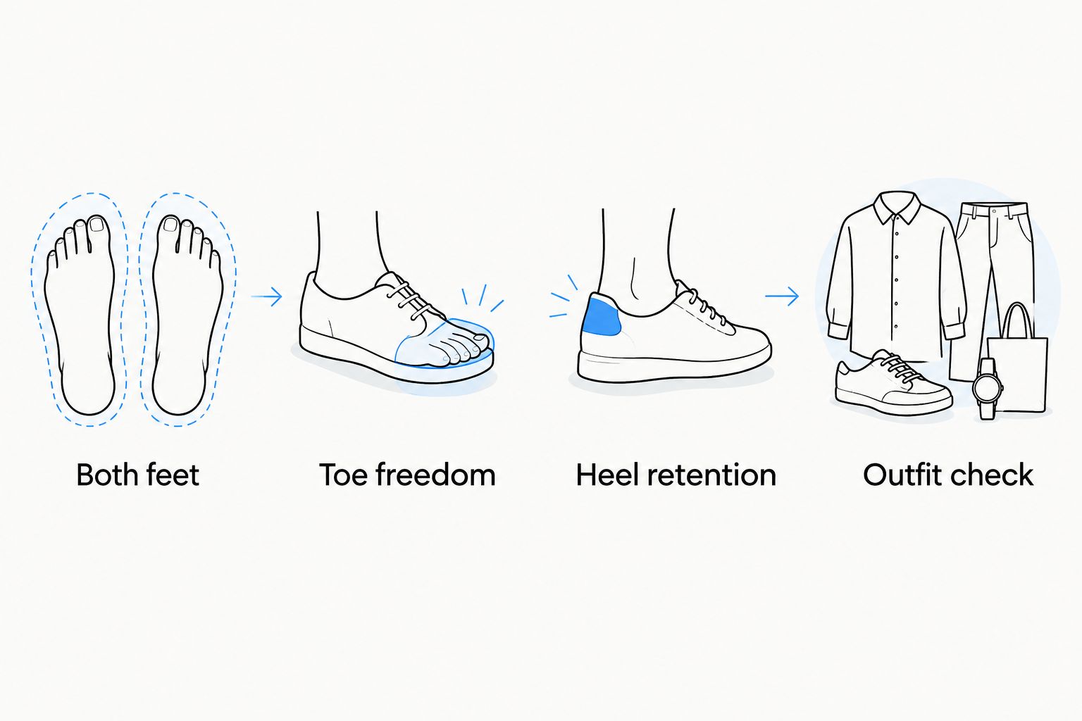 Four checks for sneaker fit and styling: both feet, toe freedom, heel retention, and outfit check.