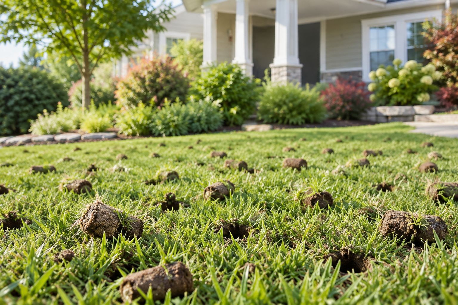 Soil plugs resting on grass beside holes left by core aeration