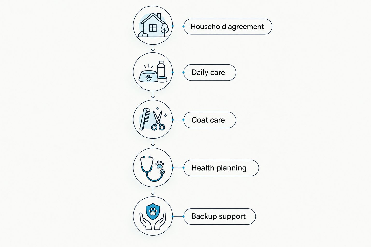 Five readiness steps covering household agreement, daily care, coat care, health planning, and backup support.