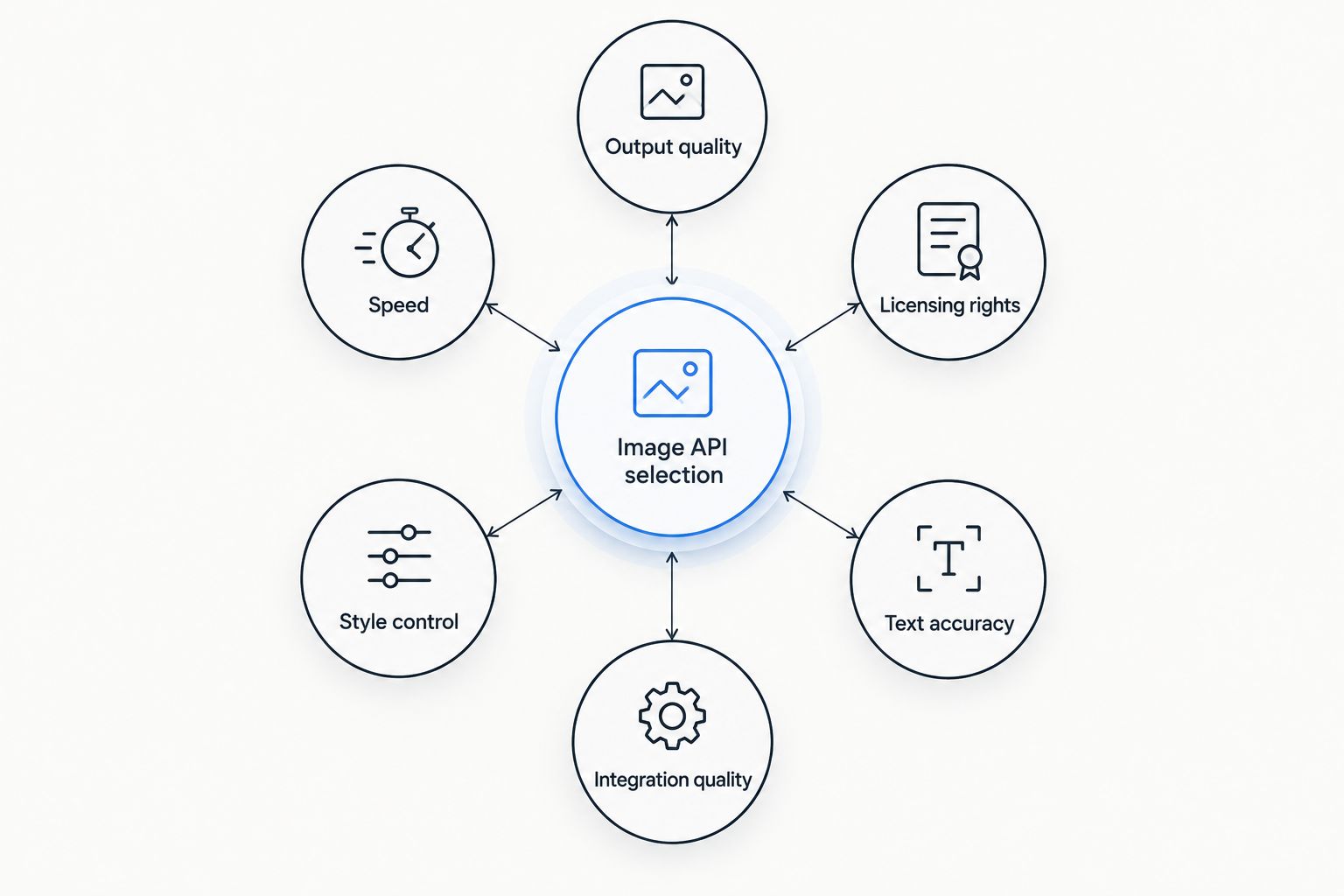 Diagram of six criteria feeding into an image generation API selection decision