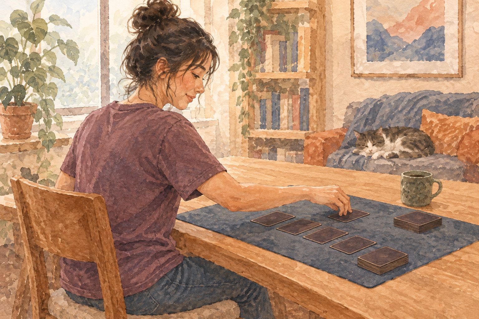 A seated player checking shoulder room and sleeve clearance while reaching across a tabletop