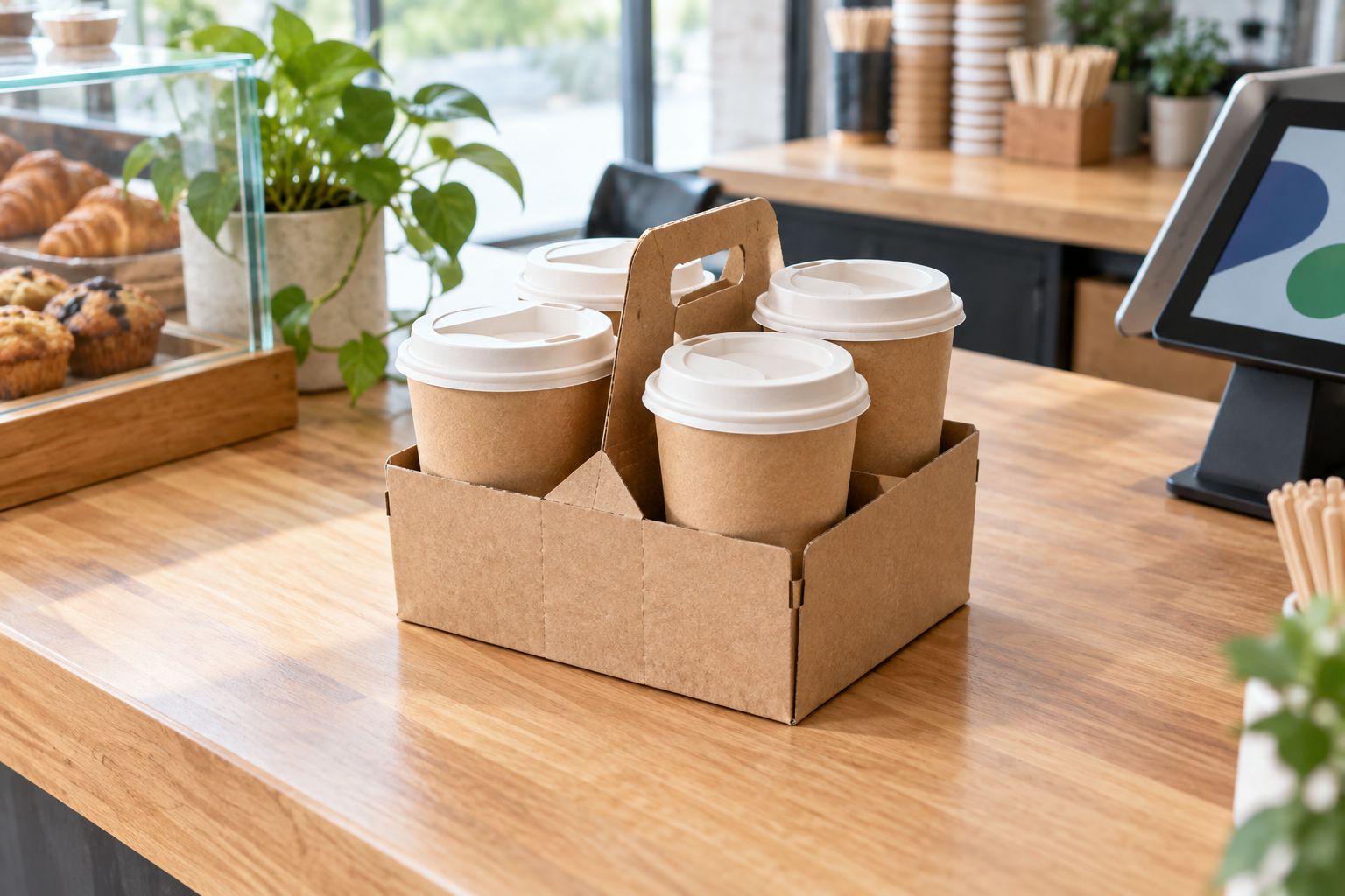 A paper cup carrier holding four plain takeaway coffee cups at a cafe counter
