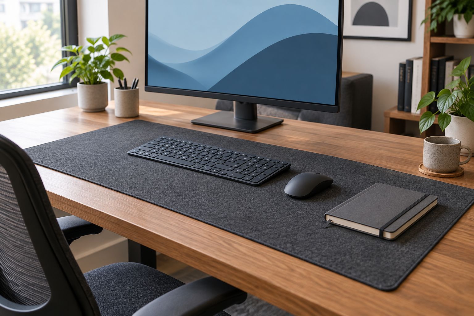 Felt desk mat beneath a keyboard, mouse and notebook in a home office
