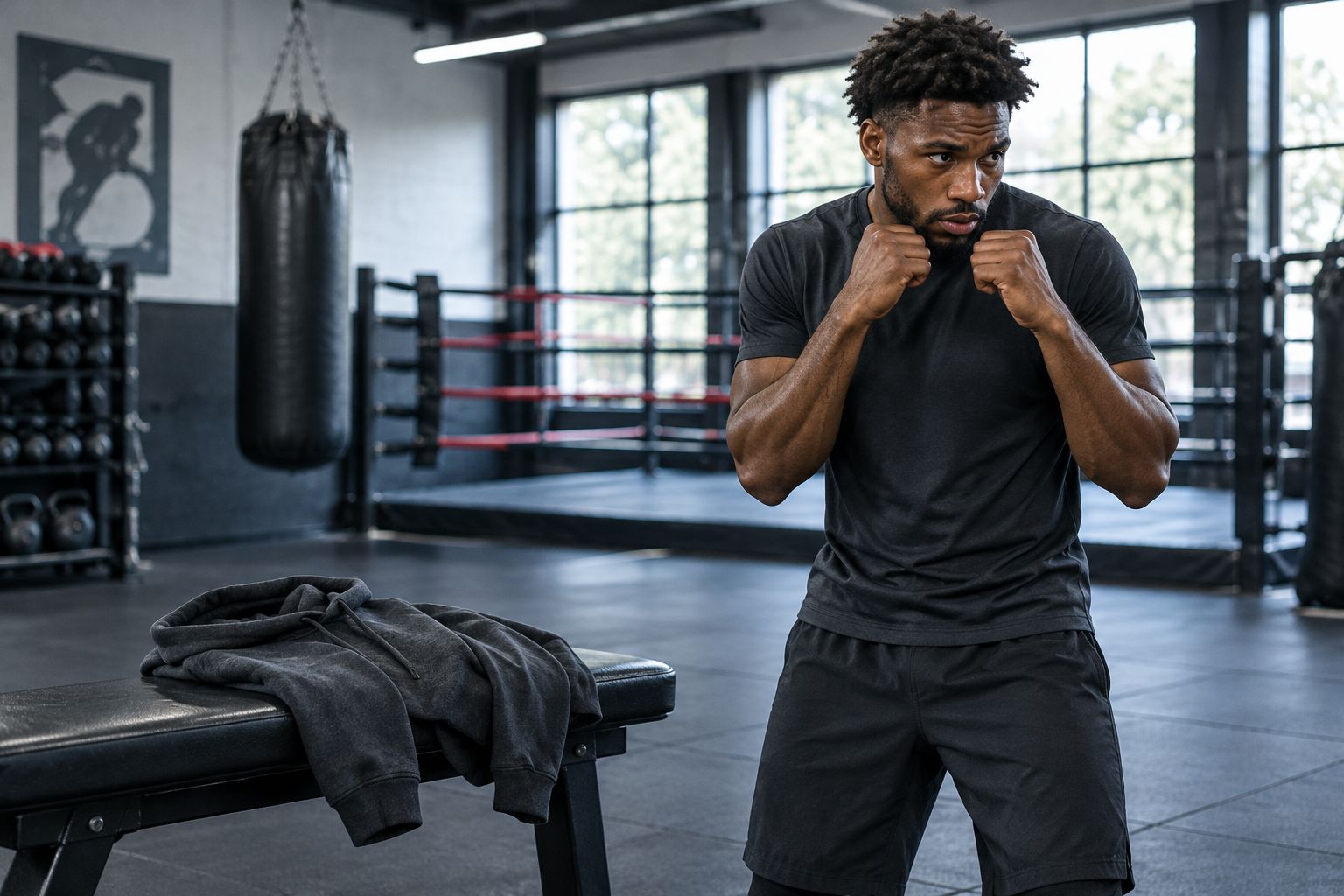 A hoodie rests on a gym bench while an athlete prepares to train in a plain shirt.
