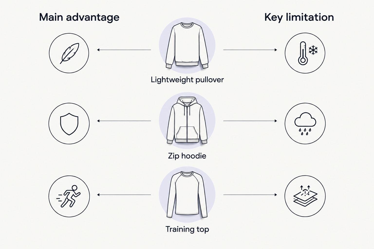 Three clothing options compared by main advantage and key limitation.