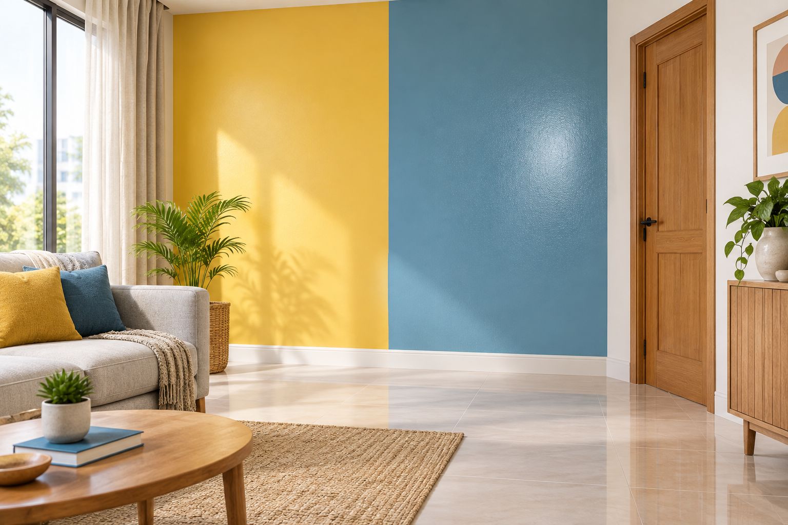 Painted wall sample areas beside curtains, tiled flooring and a wooden door in an Indian living room.