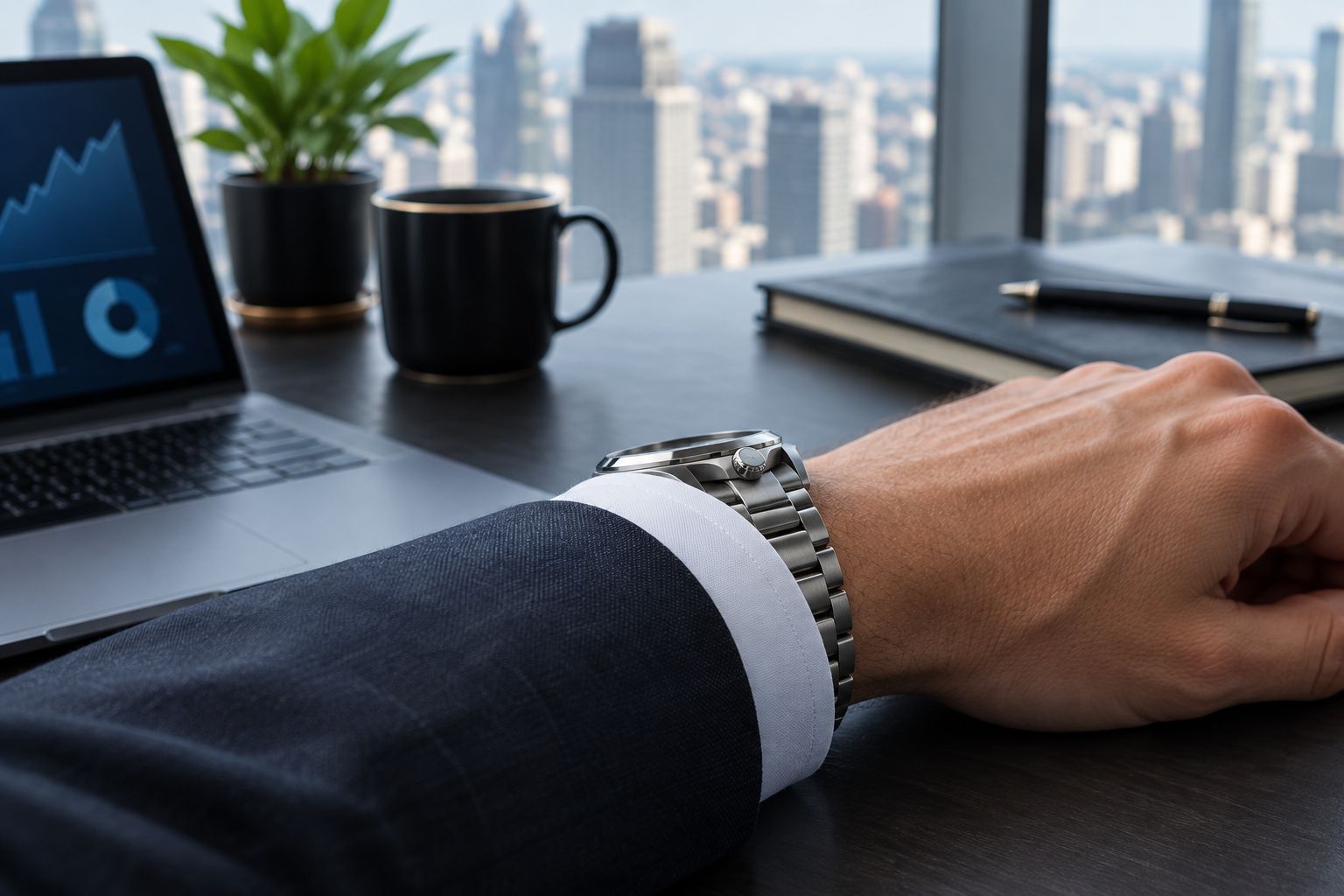 An unbranded watch beneath a shirt cuff, showing case clearance and desk comfort.