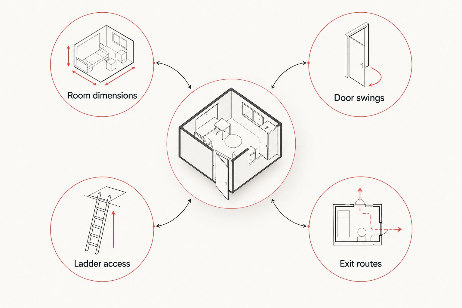 Cabin planning diagram showing measurements, door swings, ladder access, and exit routes