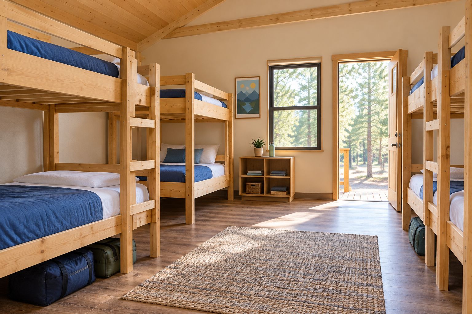 Wooden bunk in a camp cabin with luggage away from the ladder and a clear doorway