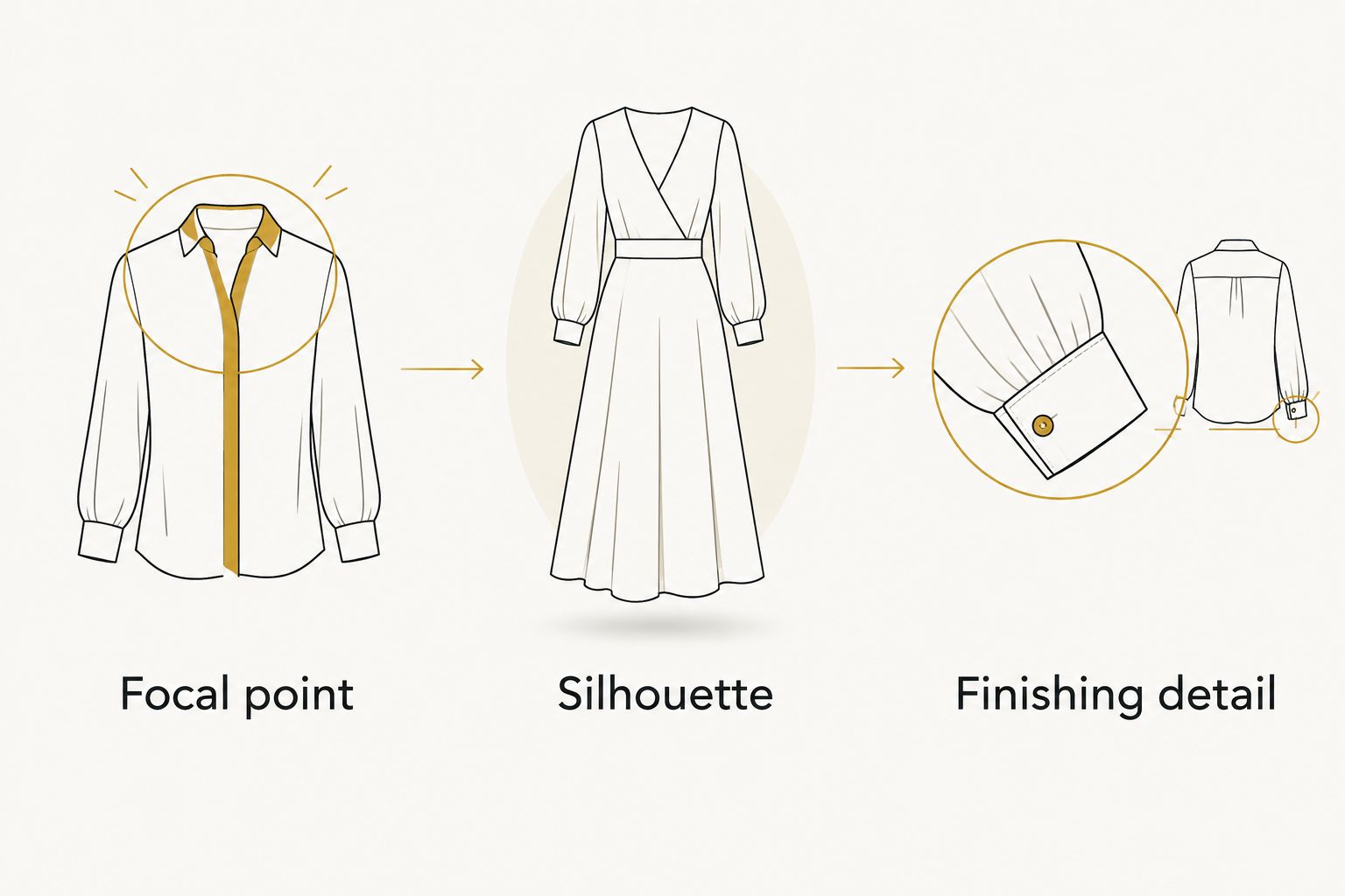 Outfit-building sequence from focal point to silhouette to finishing detail