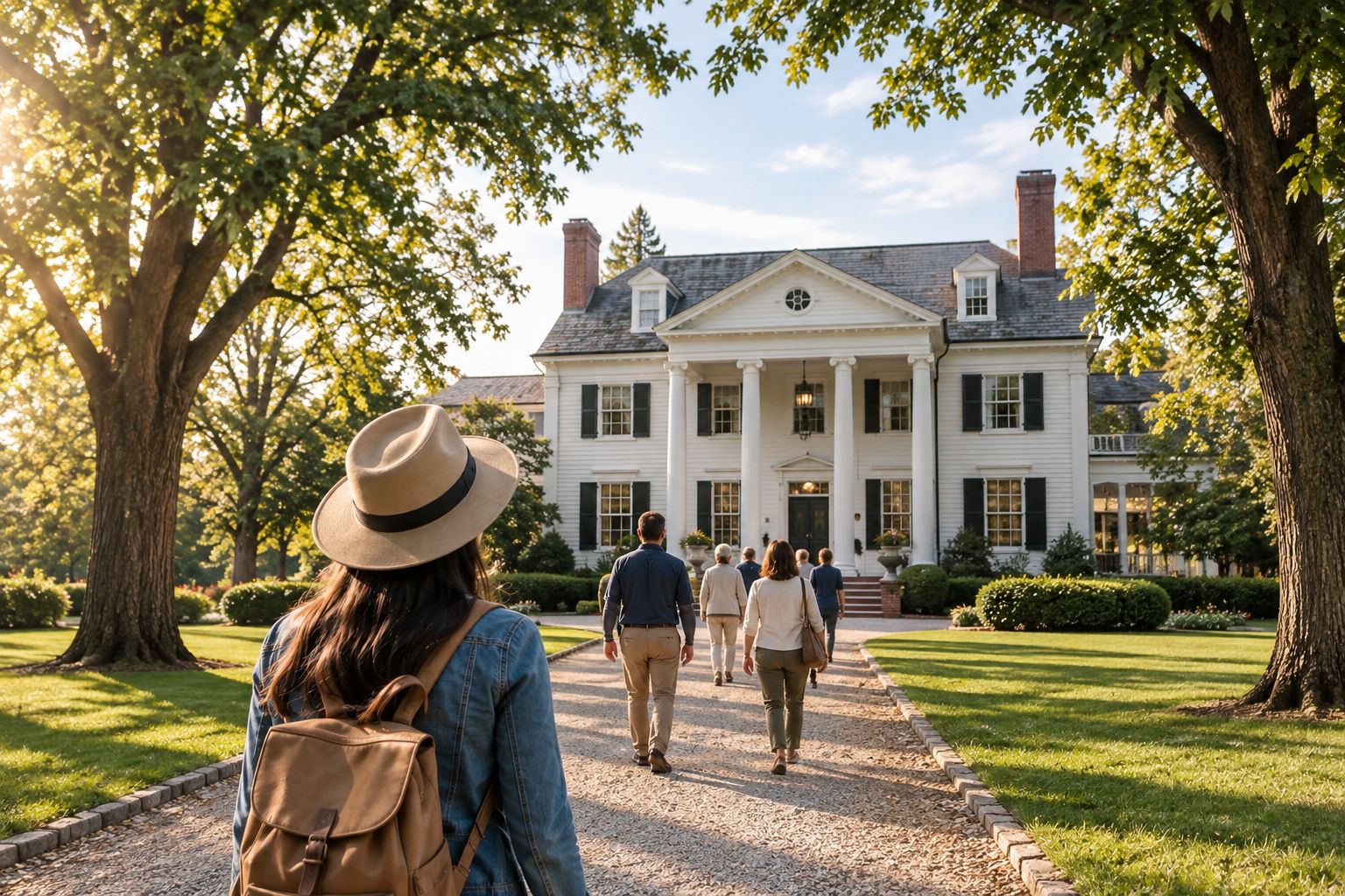 Colonial-era presidential estate exterior with columns and lawn