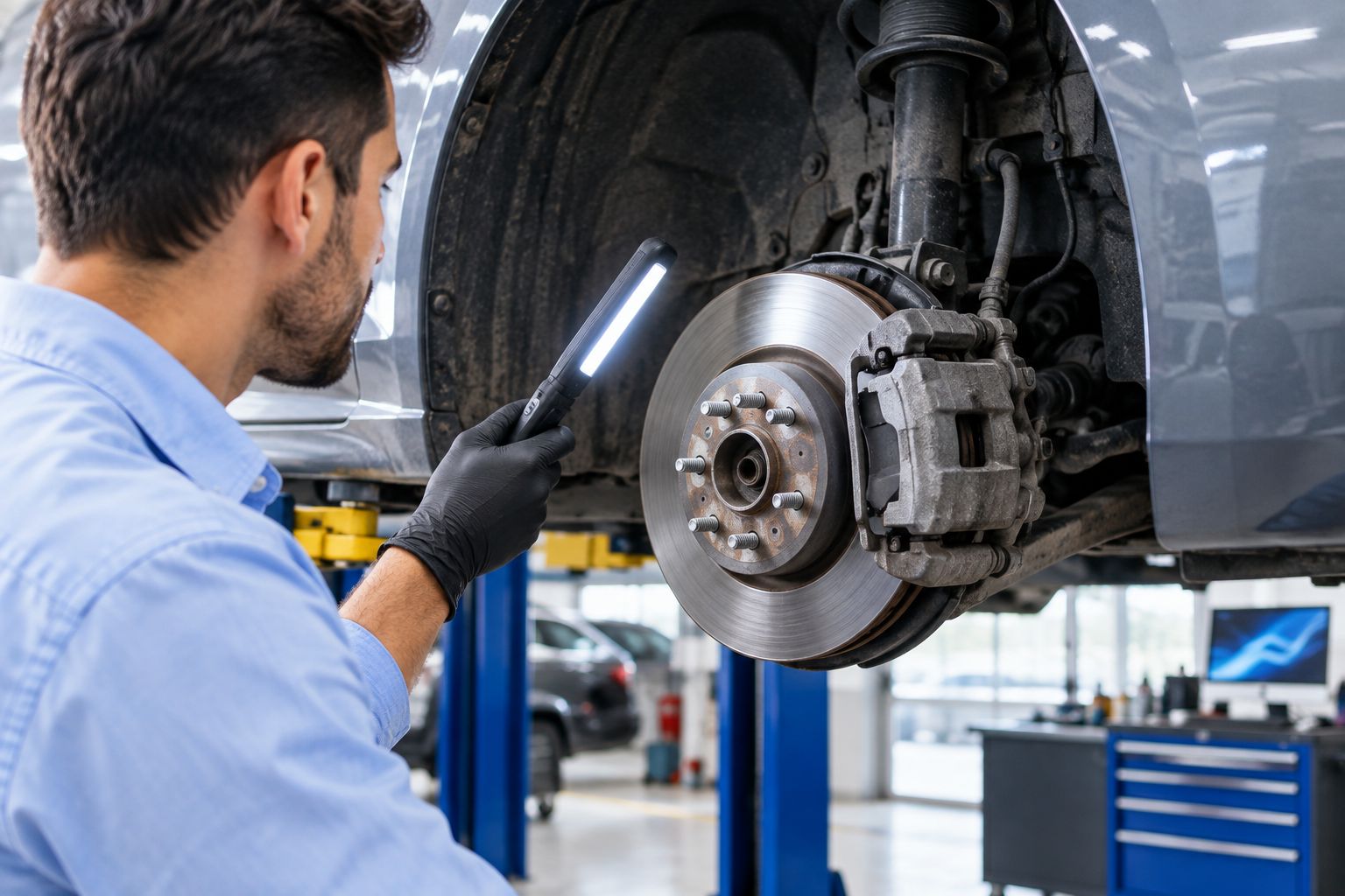 Brake disc and caliper exposed for inspection with the wheel removed