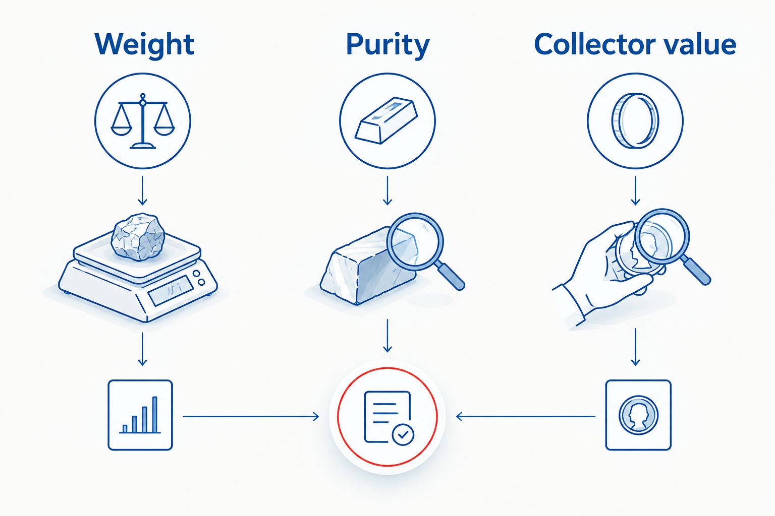 Three separate checks for coin evaluation: weight, purity and collector value