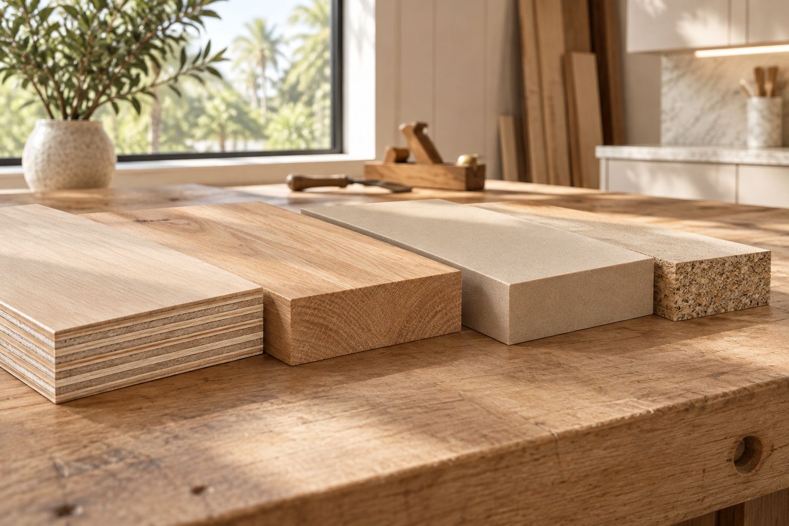 Cabinet material samples showing layered plywood, solid wood, fine fibers and coarse particles