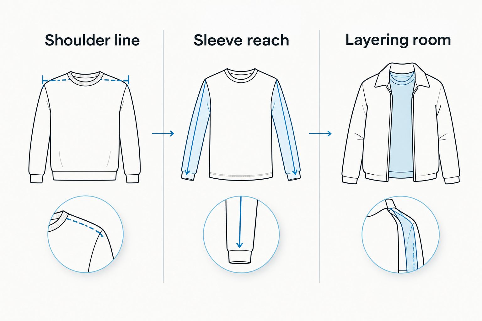 Three sweater fit checks: shoulder line, sleeve reach and layering room