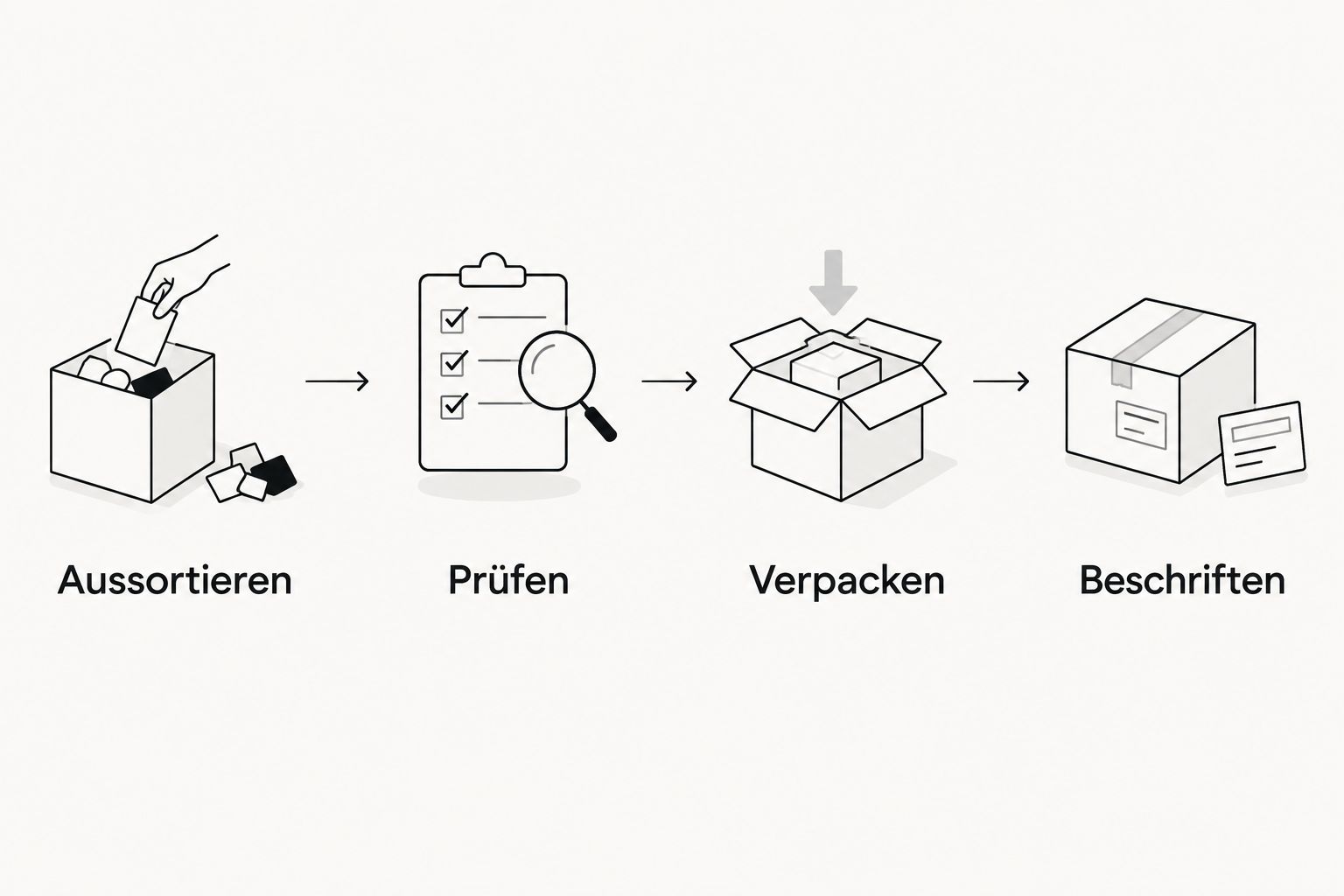 Ablauf vom Aussortieren über Prüfen und Verpacken bis zum Beschriften