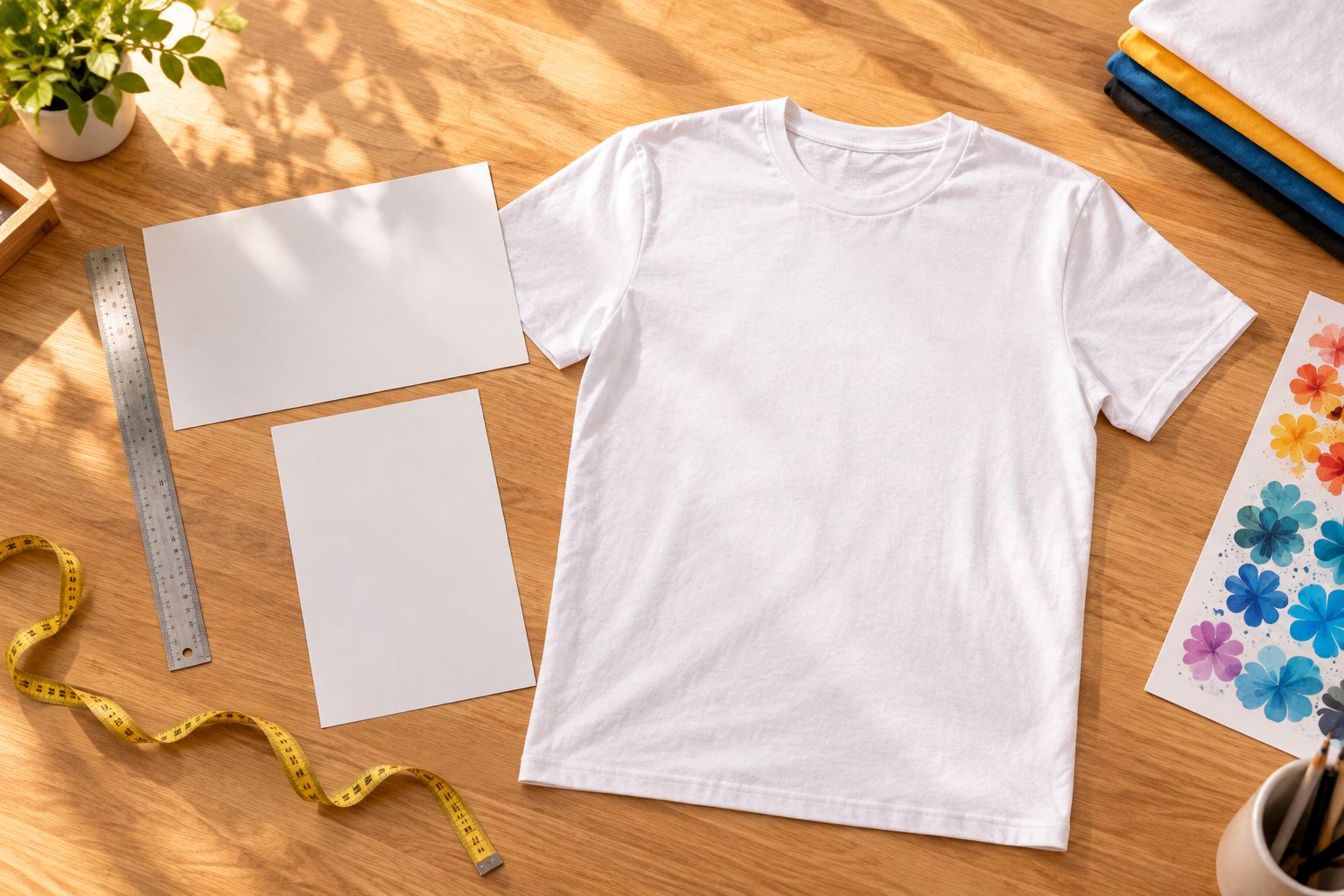 Blank shirt with paper templates and measuring tools for comparing chest print sizes