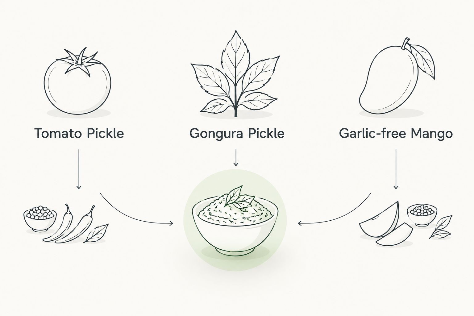 Three distinct choices: tomato pickle, gongura pickle and garlic-free mango pickle