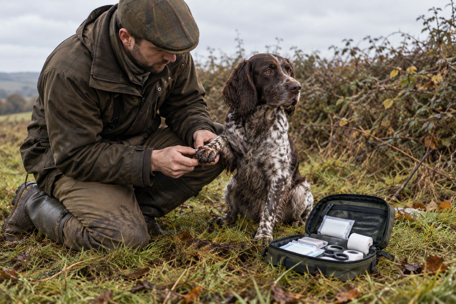 Handler checking a working dog's paw pad in the field