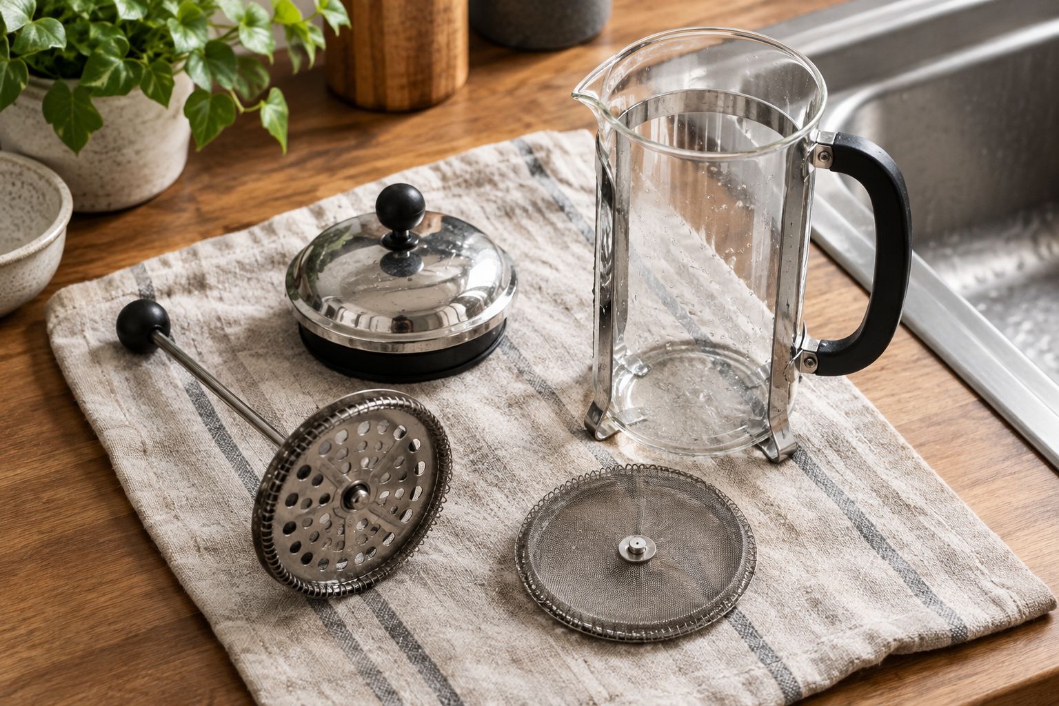 Disassembled French press with mesh filter and plunger parts separated for cleaning