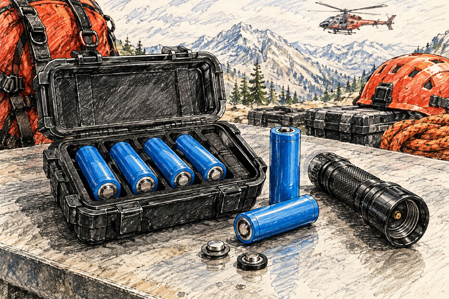 Cylindrical batteries separated inside a protective case beside an unbranded torch