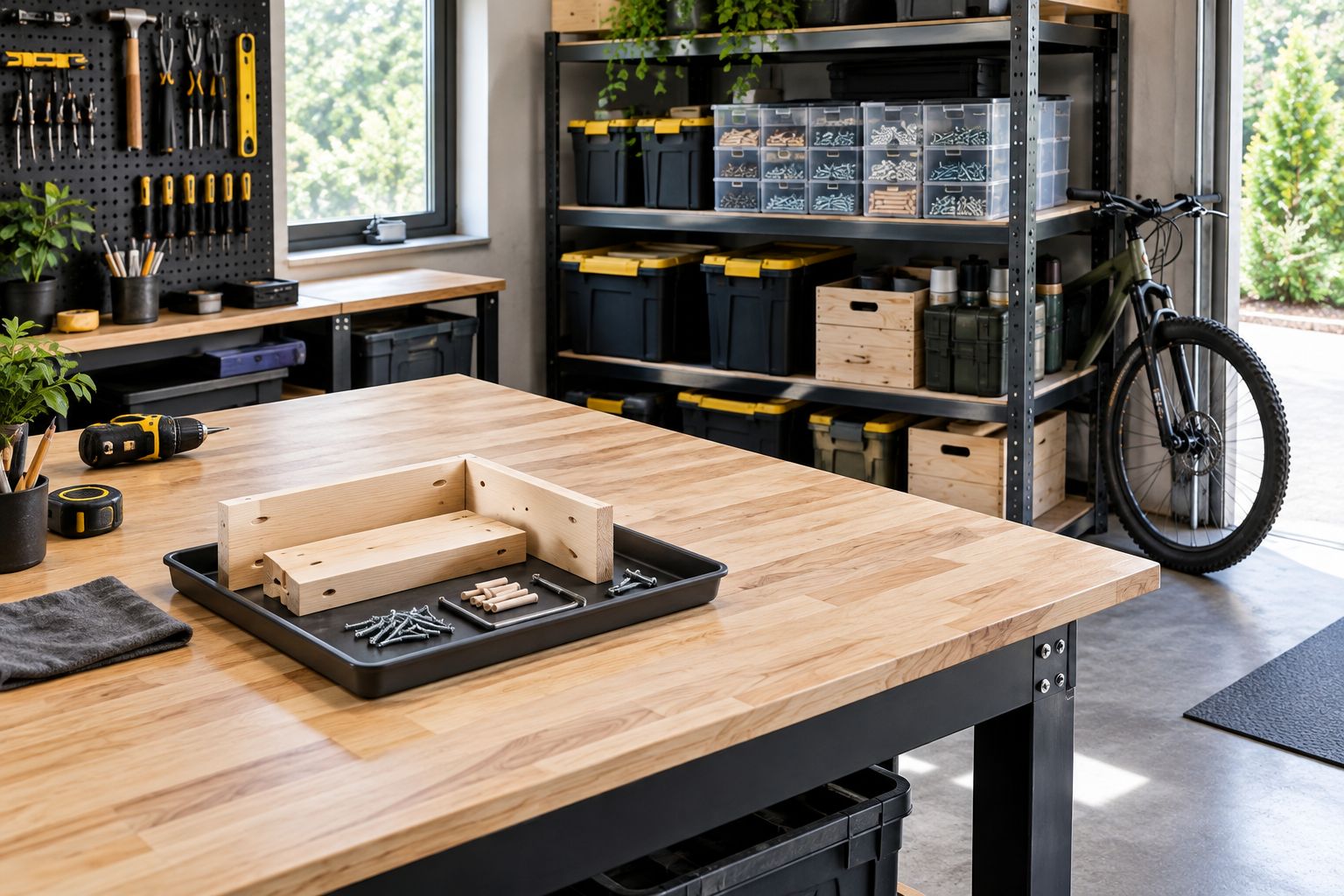 Clear garage bench with an active project tray and separate divided fastener containers